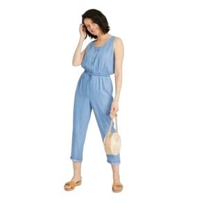 Knox Rose Womens Blue Sleeveless Button Front Chambray Jumpsuit